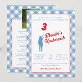 Blue Gingham mit Red Balloon Upsherin Foto Einladung (Vorne/Hinten)