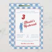 Blue Gingham mit Red Balloon Upsherin Foto Invit Einladung (Vorne/Hinten)