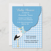 Blue Gingham mit Stork Baby Shower Einladung (Vorderseite)