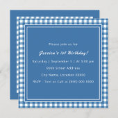 Blue Gingham Monogram Birthday Party Einladung (Vorne/Hinten)