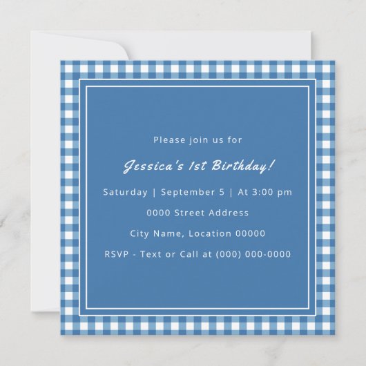 Blue Gingham Monogram Birthday Party Einladung (Vorderseite)