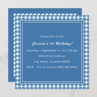 Blue Gingham Monogram Birthday Party Einladung