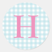 Blue Gingham Monogram Runder Aufkleber (Vorderseite)