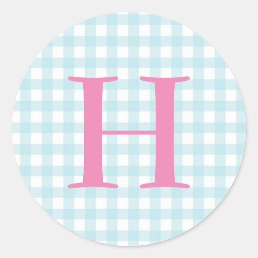 Blue Gingham Monogram Runder Aufkleber (Vorderseite)