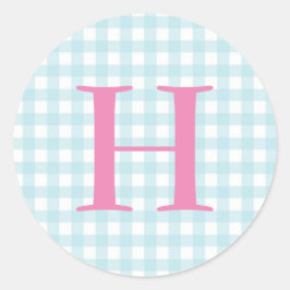 Blue Gingham Monogram Runder Aufkleber