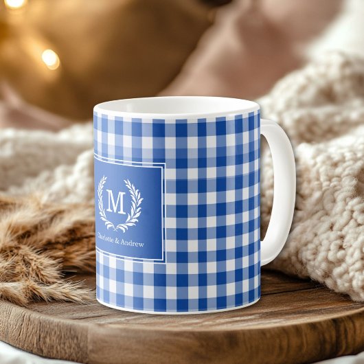Blue Gingham Monogram Wappen Custom Kaffeetasse