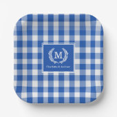 Blue Gingham Monogram Wappen Custom Pappteller (Vorderseite)