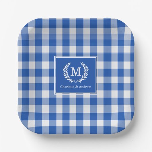 Blue Gingham Monogram Wappen Custom Pappteller (Vorderseite)