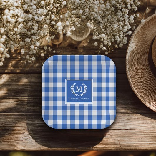Blue Gingham Monogram Wappen Custom Pappteller