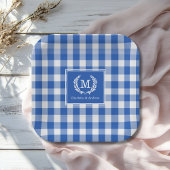 Blue Gingham Monogram Wappen Custom Pappteller