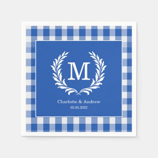 Blue Gingham Monogram Wappen Custom Serviette (Vorderseite)