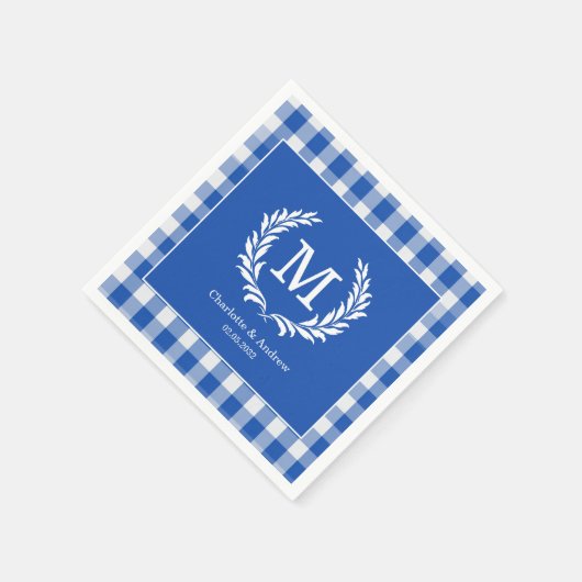Blue Gingham Monogram Wappen Custom Serviette (Ecke)