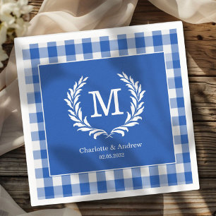 Blue Gingham Monogram Wappen Custom Serviette