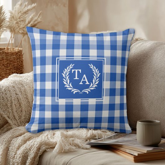 Blue Gingham Monogram Wappen Kissen