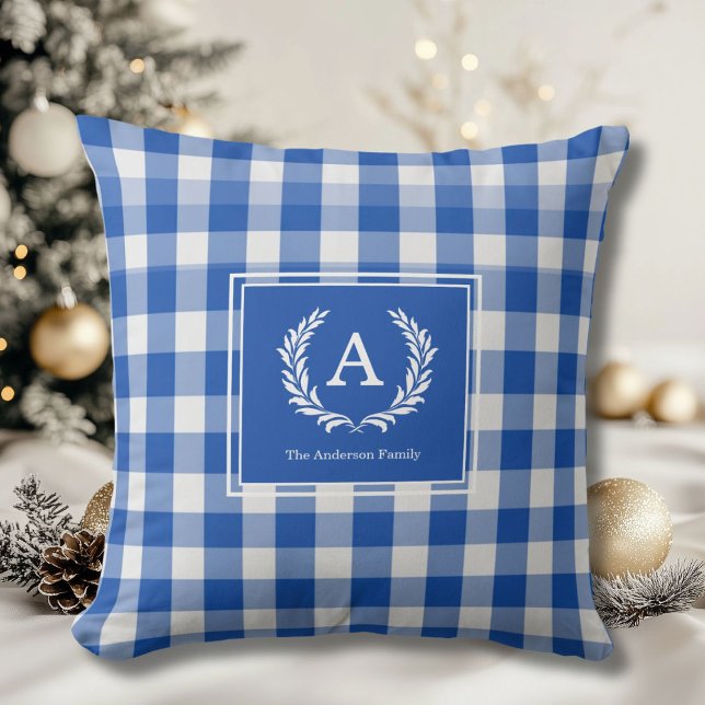 Blue Gingham Monogram Wappen Kissen (Custom Blue Gingham Monogram Crest Throw Pillow)