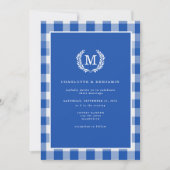 Blue Gingham Monogram Wappen QR Code Einladung (Vorderseite)