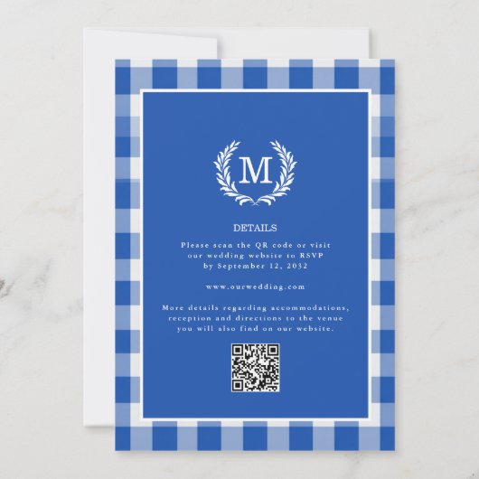Blue Gingham Monogram Wappen QR Code Einladung (Rückseite)