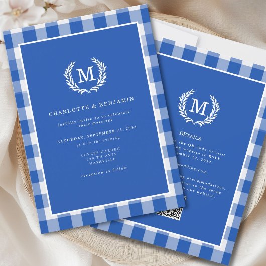 Blue Gingham Monogram Wappen QR Code Einladung