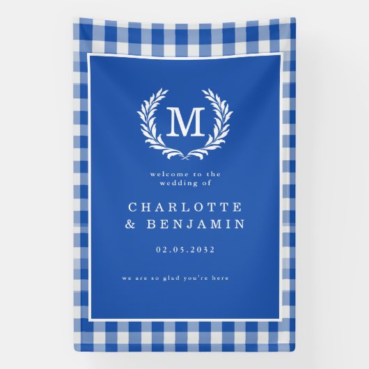 Blue Gingham Monogram Wappen Wedding Welcome Banner (Vertikal)