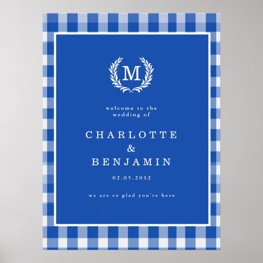 Blue Gingham Monogram Wappen Wedding Welcome Poster (Vorne)