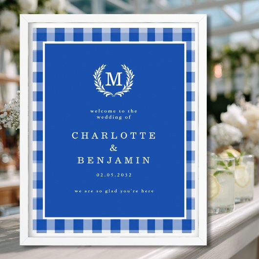 Blue Gingham Monogram Wappen Wedding Welcome Poster