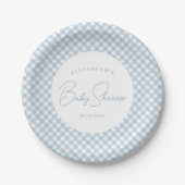 Blue Gingham niedliche, personalisierte Babydusche Pappteller (Vorderseite)
