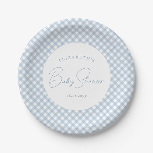 Blue Gingham niedliche, personalisierte Babydusche Pappteller (Vorderseite)