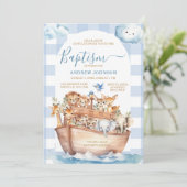 Blue Gingham Noahs Ark Niedlicher Tiere Taufe Einladung (Stehend Vorderseite)