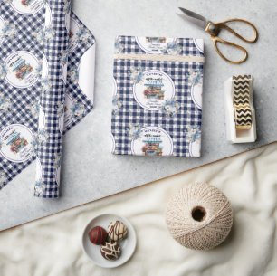 Blue Gingham Off the Market Floral Brautparty Geschenkpapier