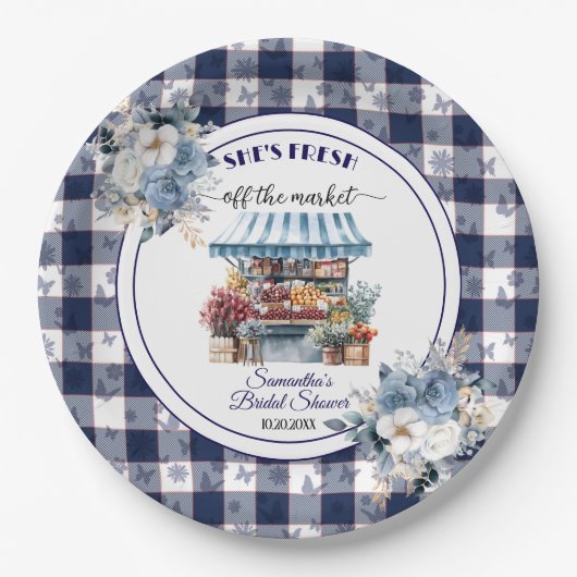 Blue Gingham Off the Market Floral Brautparty Pappteller (Vorderseite)