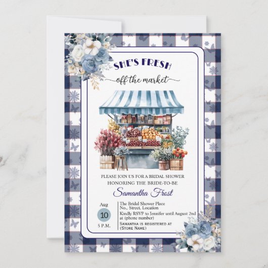 Blue Gingham Off the Market QR Code Bridal Shower Einladung (Vorderseite)