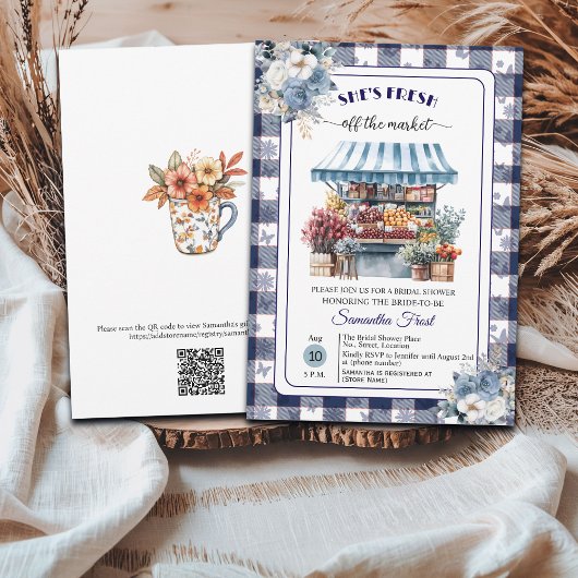 Blue Gingham Off the Market QR Code Bridal Shower Einladung