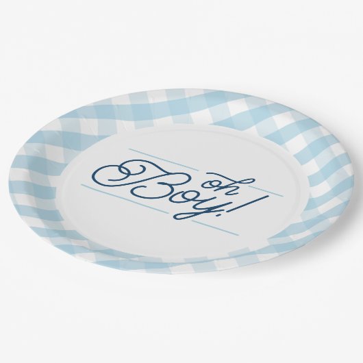 Blue Gingham "Oh Boy" Baby Showpaper Teller (Schrägansicht)