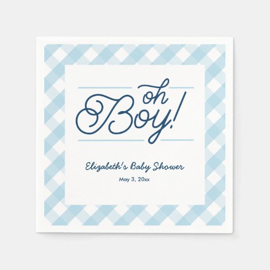 Blue Gingham "Oh Boy" Babydusche Napkins Serviette (Vorderseite)
