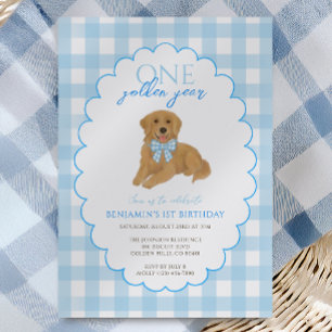 Blue Gingham One Golden Year 1. Geburtstag Welpe Einladung