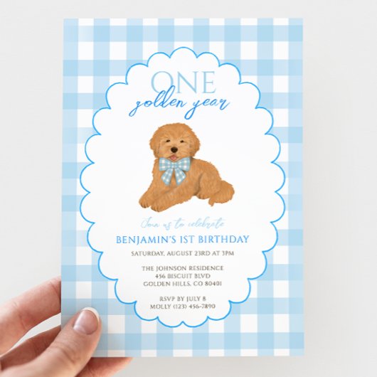 Blue Gingham One Golden Year 1st Birthday Puppy Einladung