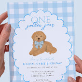 Blue Gingham One Golden Year 1st Birthday Puppy Einladung