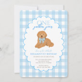 Blue Gingham One Golden Year 1st Birthday Puppy Einladung (Vorderseite)