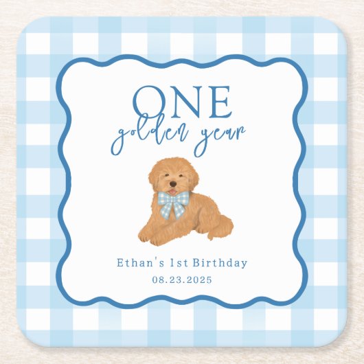 Blue Gingham One Golden Year First Birthday Rechteckiger Pappuntersetzer (Vorderseite)
