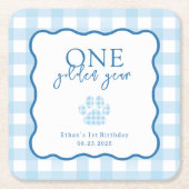 Blue Gingham One Golden Year First Birthday Rechteckiger Pappuntersetzer (Vorderseite)