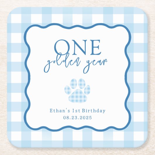 Blue Gingham One Golden Year First Birthday Rechteckiger Pappuntersetzer (Vorderseite)