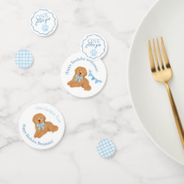 Blue Gingham One Golden Year Puppy Birthday Table Konfetti