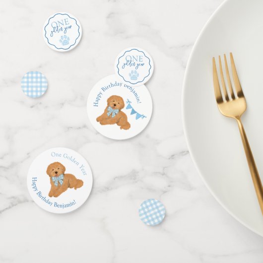 Blue Gingham One Golden Year Puppy Birthday Table Konfetti (Gruppe)
