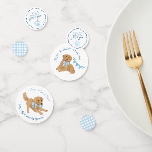 Blue Gingham One Golden Year Puppy Birthday Table Konfetti (Gruppe)