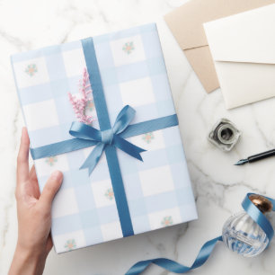 Blue Gingham Pattern Floral Cartoon Party Supplies Geschenkpapier
