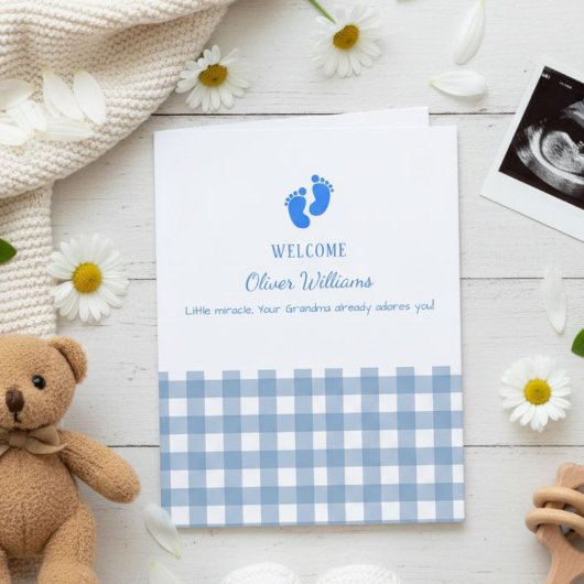 Blue Gingham Personalized Baby Welcome Card  Karte