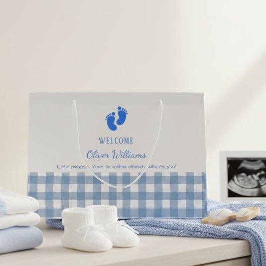 Blue Gingham Personalized Baby Welcome Gift Bag Große Geschenktüte