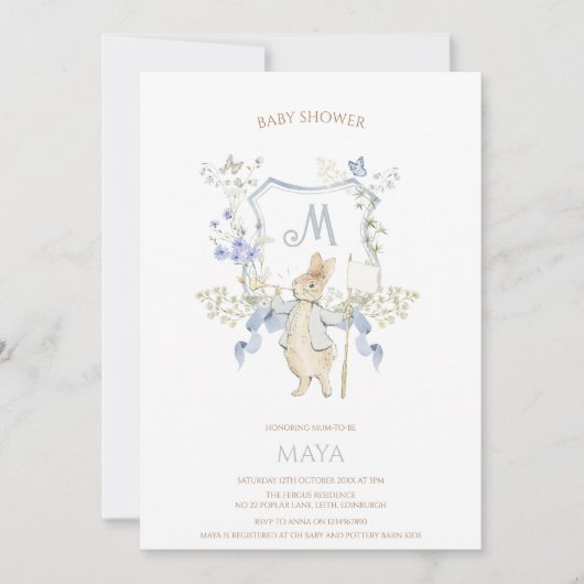 Blue Gingham Peter die Rabbit Baby Dusche MUTED BL Einladung (Vorderseite)