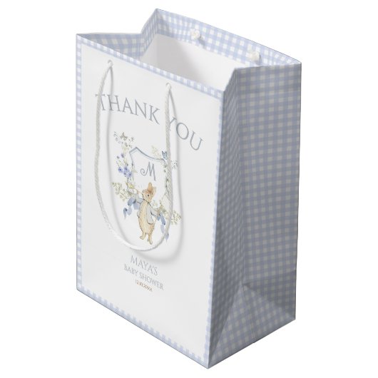 Blue Gingham Peter die Rabbit Baby Dusche MUTED BL Mittlere Geschenktüte (Rückseite Schrägansicht)