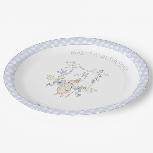 Blue Gingham Peter die Rabbit Baby Dusche MUTED BL Pappteller (Schrägansicht)